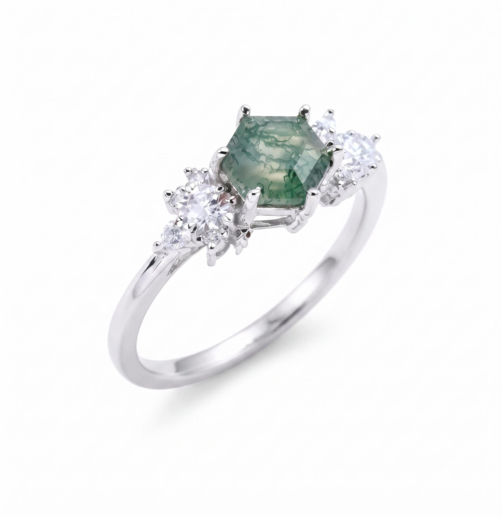 ✨ Bague Argent 925 Agate Mousse ‘Flocon d’Argent’ – Pièce Unique | Poinçon Garanti