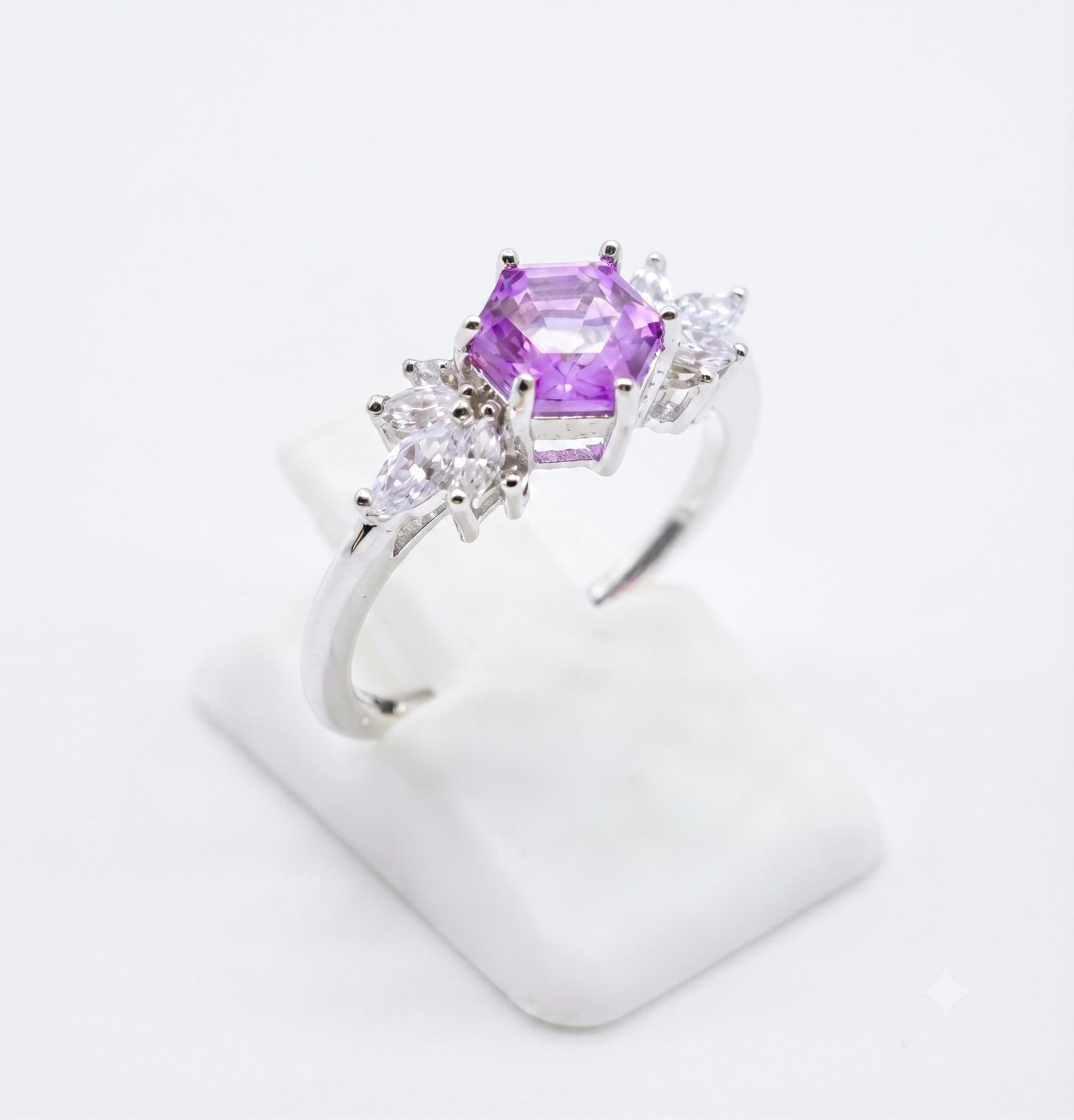 ✨ Bague Argent 925 Poinçon | 'Flocon d'Argent' Améthyste Naturelle | Taille Réglable