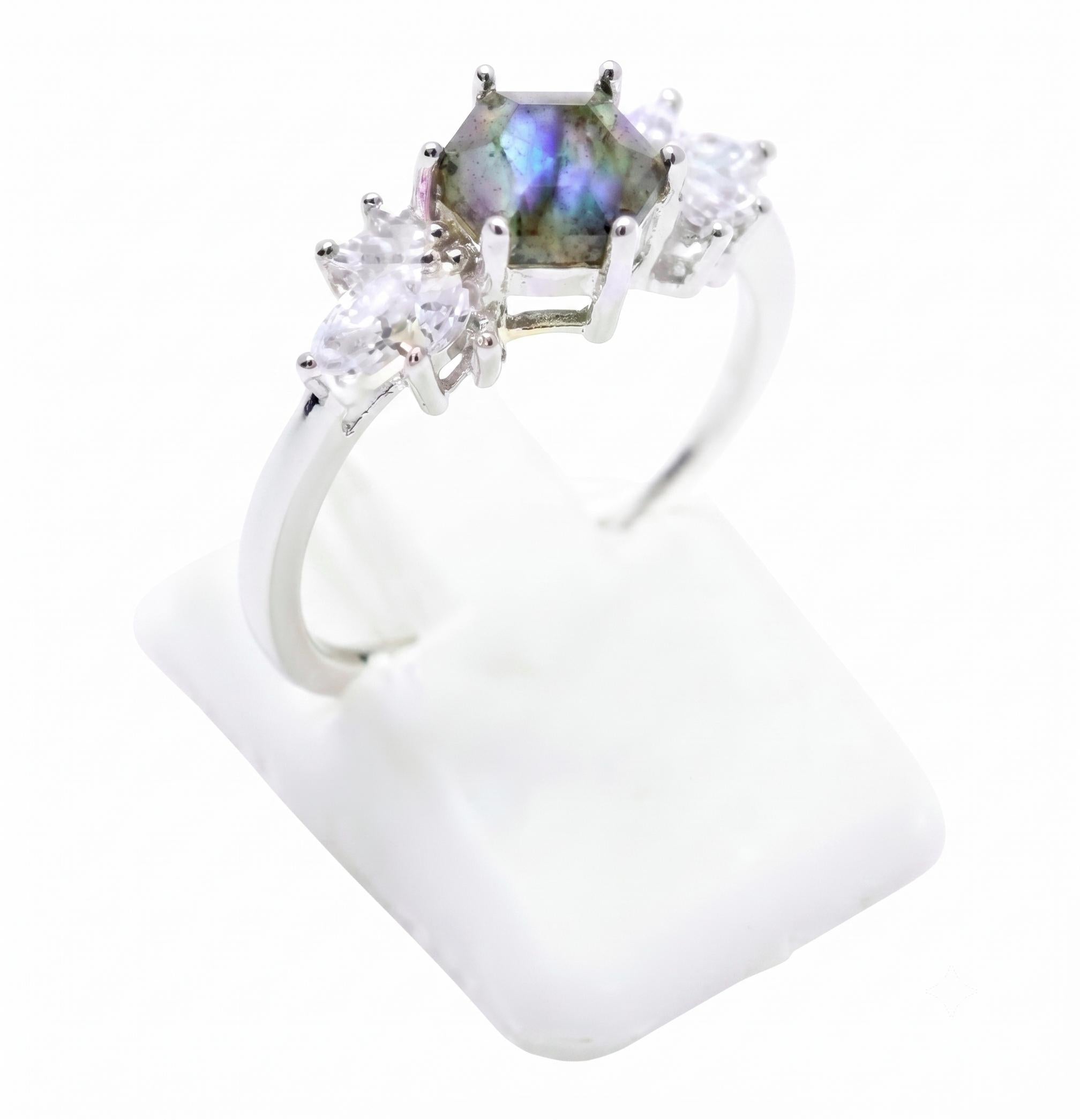 ✨ Bague Argent 925 'Flocon d'Argent' ✦ Labradorite Naturelle Irisée ✦ Taille Réglable – Poinçon 925