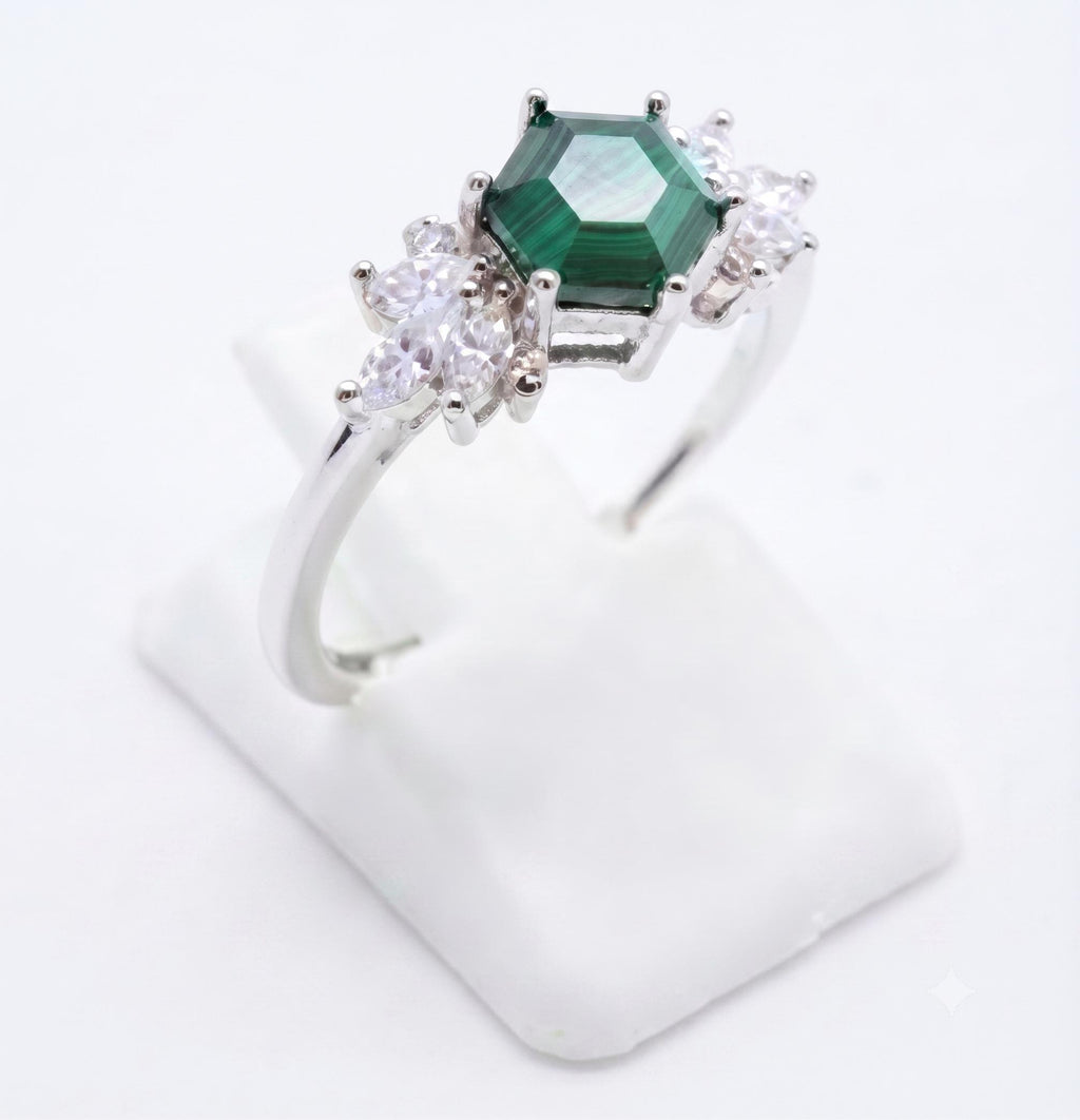 ✨ Bague Argent 925 Poinçon | 'Flocon d'Argent' – Malachite Naturelle, Pierre du Changement – Réglable