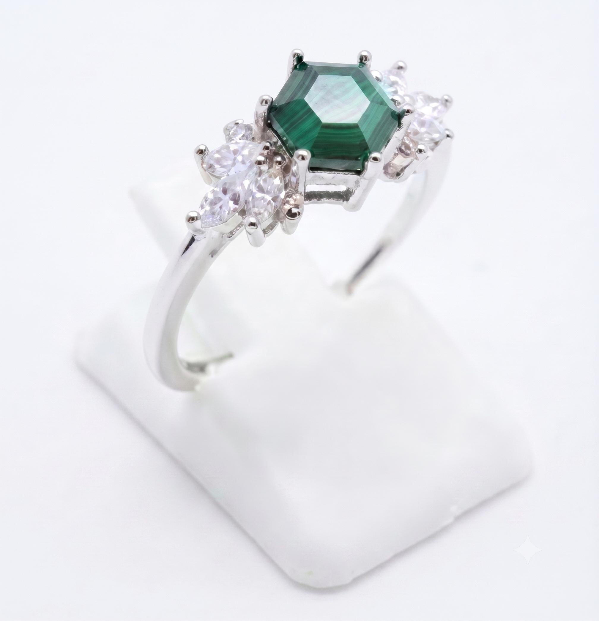 ✨ Bague Argent 925 Poinçon | 'Flocon d'Argent' – Malachite Naturelle, Pierre du Changement – Réglable