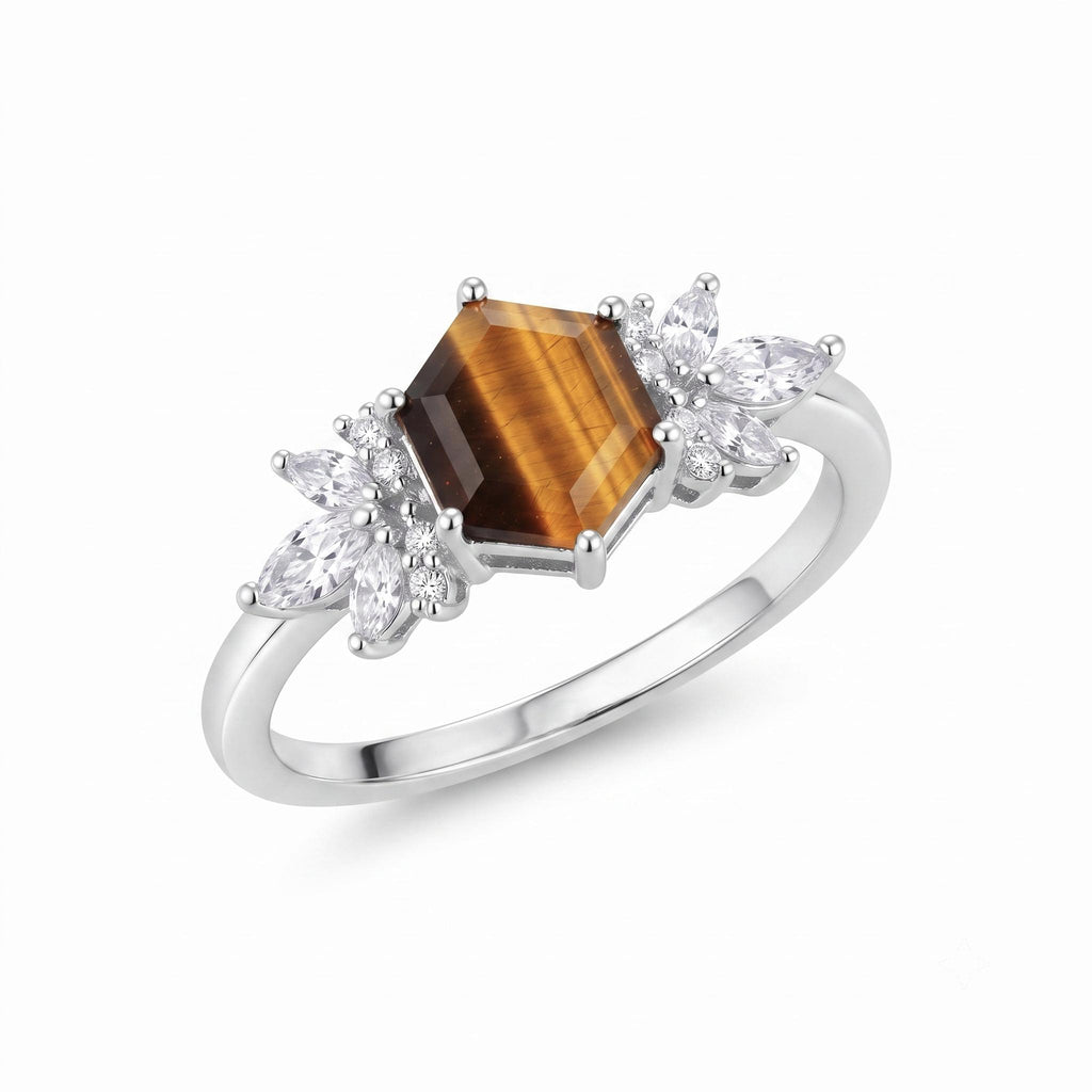 ✨ Bague Argent 925 Poinçon | 'Flocon d'Argent' – Œil de Tigre, Pierre de Courage – Réglable