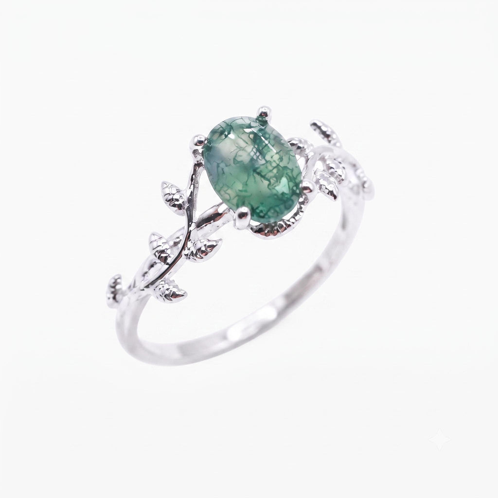 ✨ Bague Argent 925 Poinçon | 'Murmure de Laurier' – Agate Mousse Naturelle – Taille Réglable