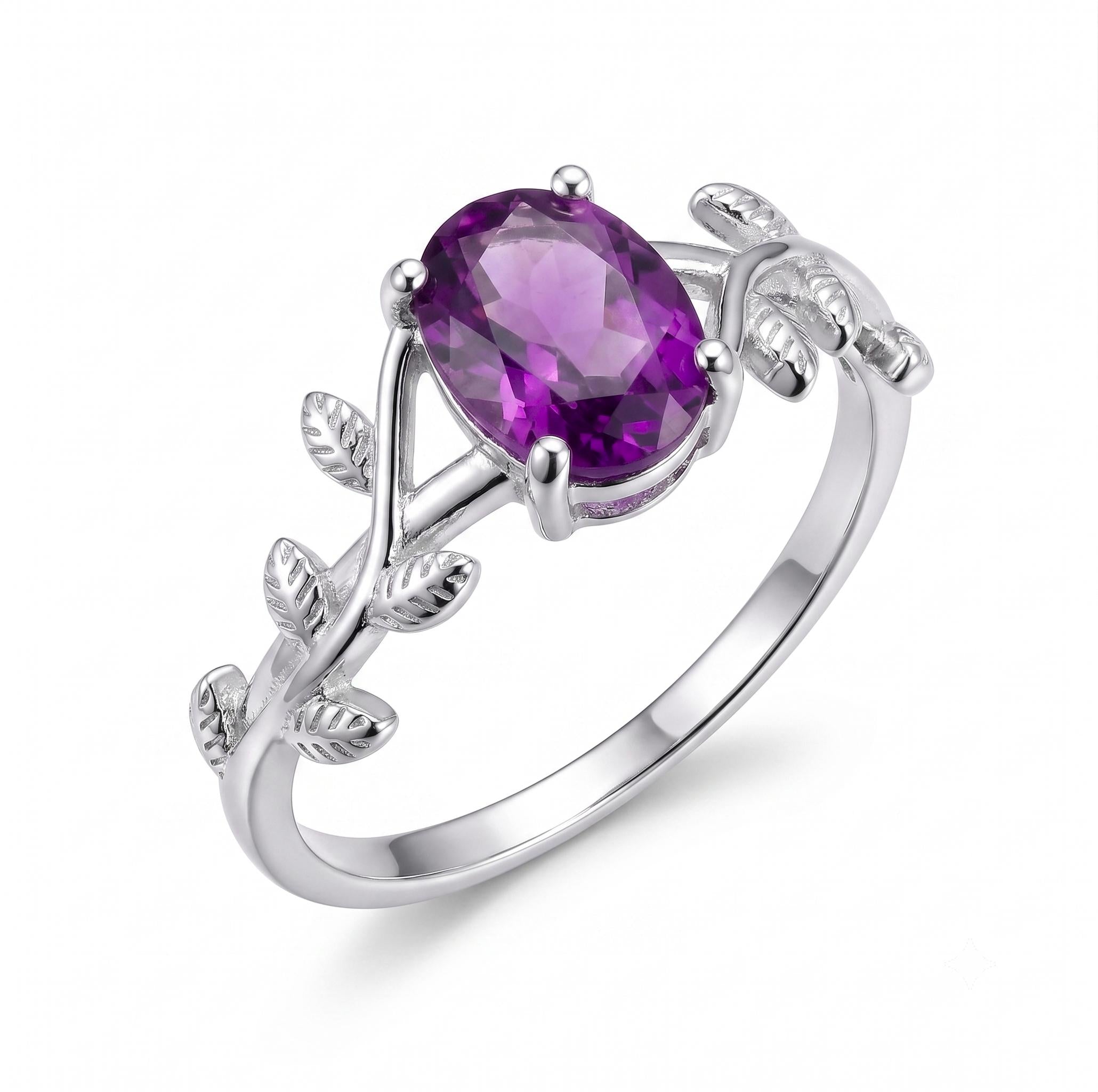 ✨ Bague Argent 925 Poinçon | 'Murmure de Laurier' – Améthyste Naturelle – Taille Réglable