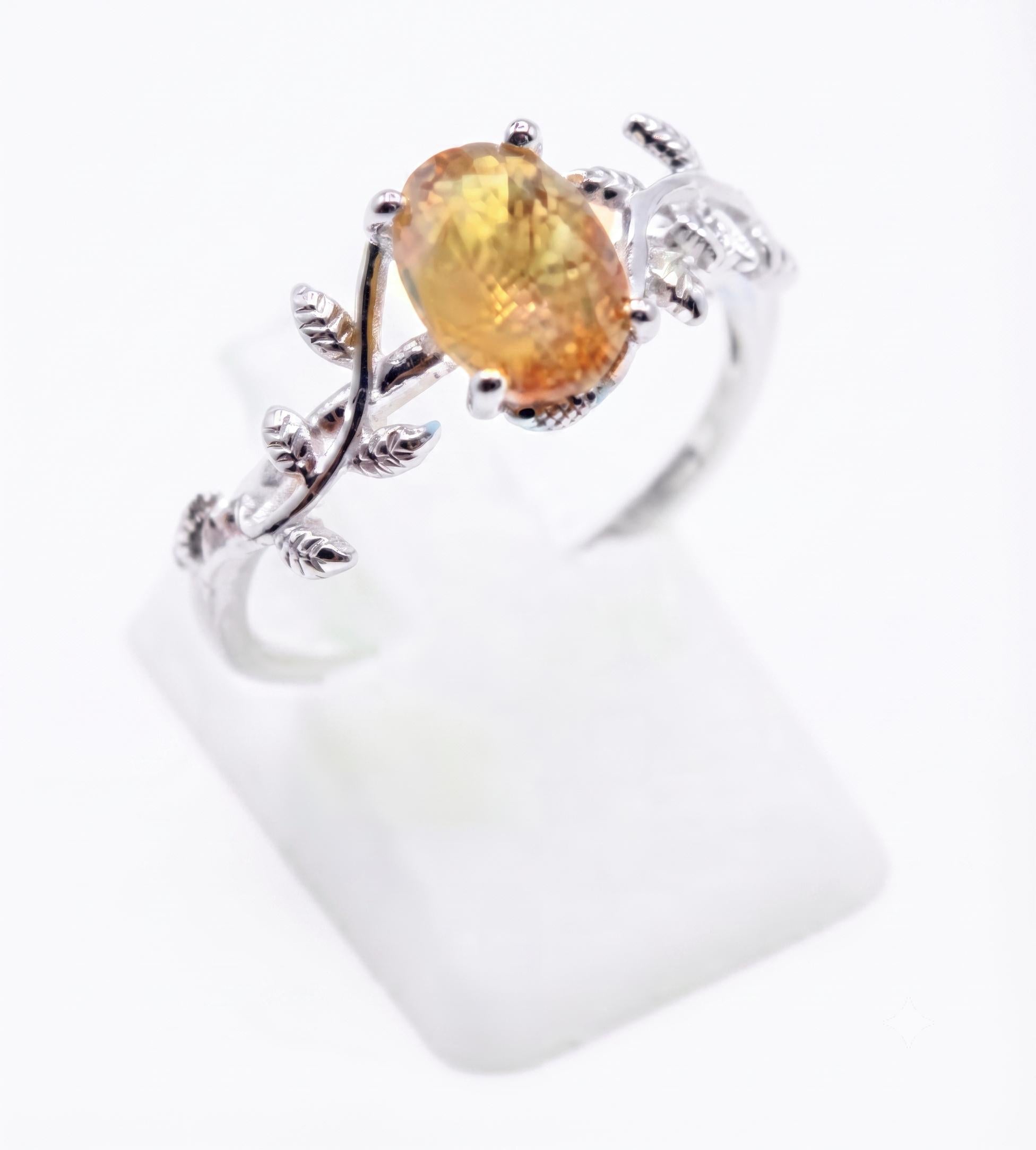 ✨ Bague Laurier & Citrine – Argent 925 Poinçon | Pierre de Joie, d’Abondance & Prospérité