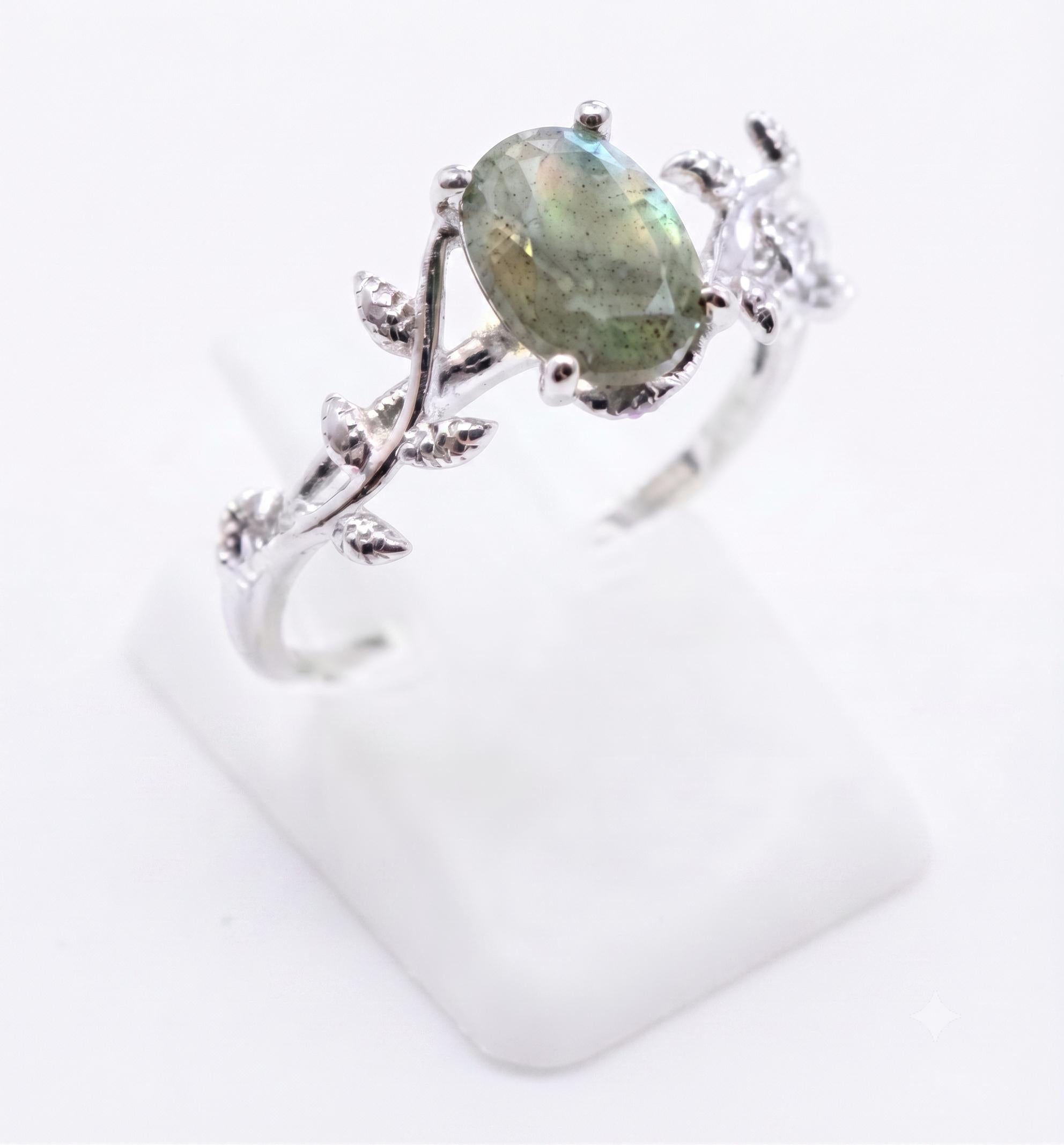 ✨ Bague Laurier & Labradorite – Argent 925 Poinçon | Pierre Magique d’Intuition & Transformation