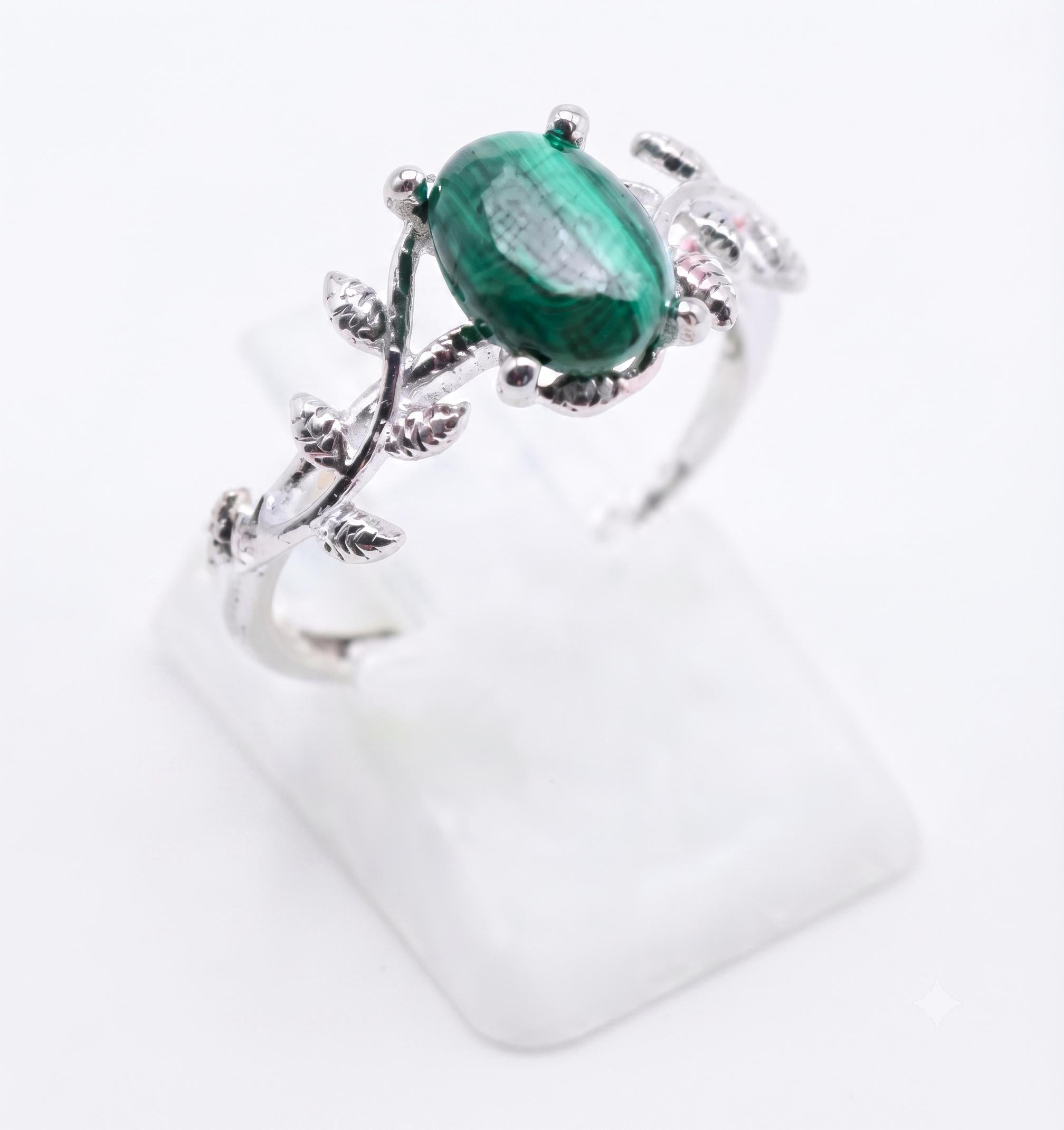 ✨ Bague Laurier & Malachite – Argent 925 Poinçon | Pierre de Transformation & Équilibre