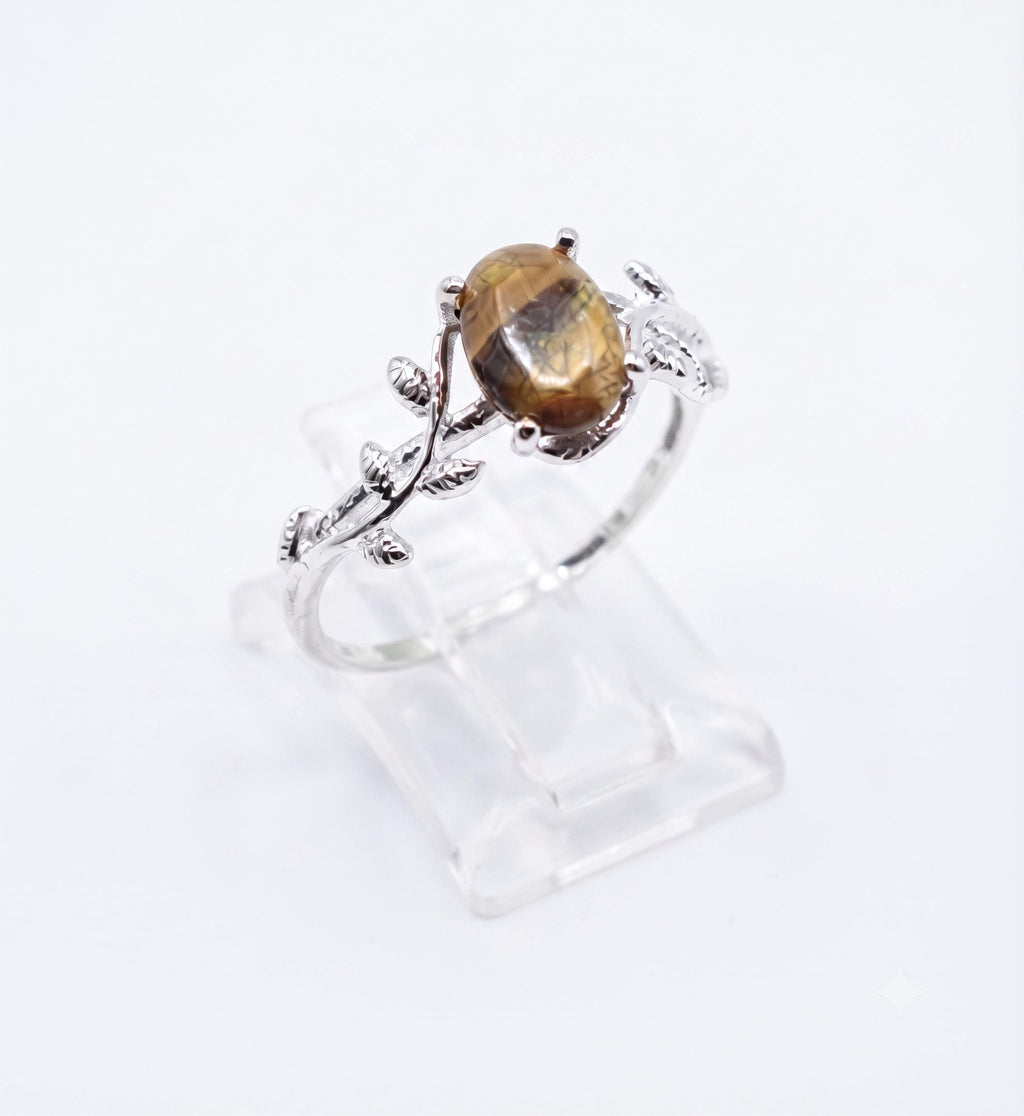 ✨ Bague Laurier & Œil de Tigre – Argent 925 Poinçon | Pierre de Courage & Confiance