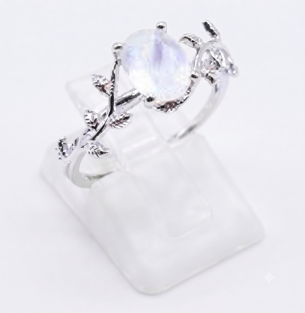 ✨ Bague Laurier & Pierre de Lune – Argent 925 Poinçon | Talisman de Féminité & Intuition
