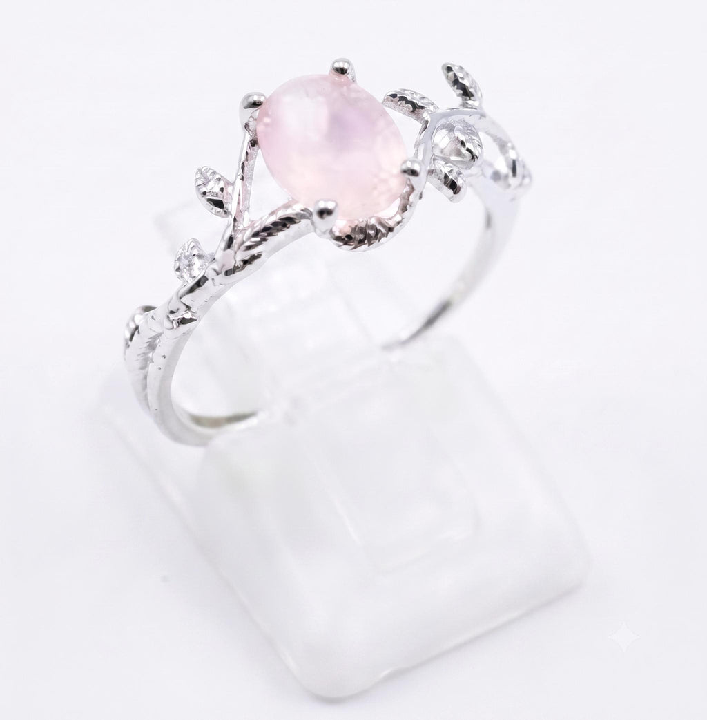 ✨ Bague Laurier & Quartz Rose – Argent 925 Poinçon | Pierre de l’Amour & Douceur