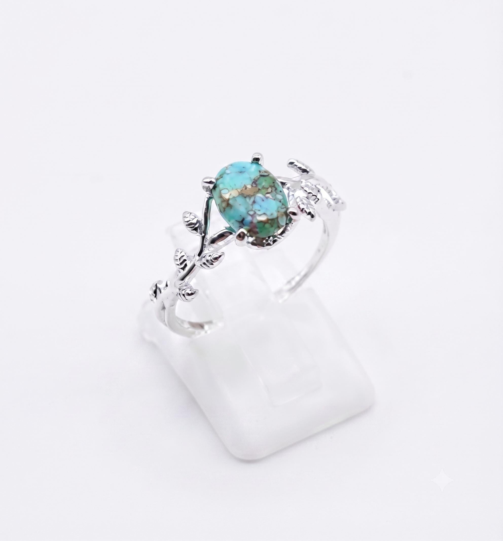 ✨ Bague Laurier & Turquoise – Argent 925 Poinçon | Pierre Sacrée de Communication
