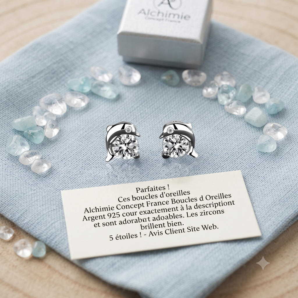 Boucles d'Oreilles Argent 925 Dauphin & Zirconium | Certifiées Poinçon | Bijou Femme Mer & Poésie