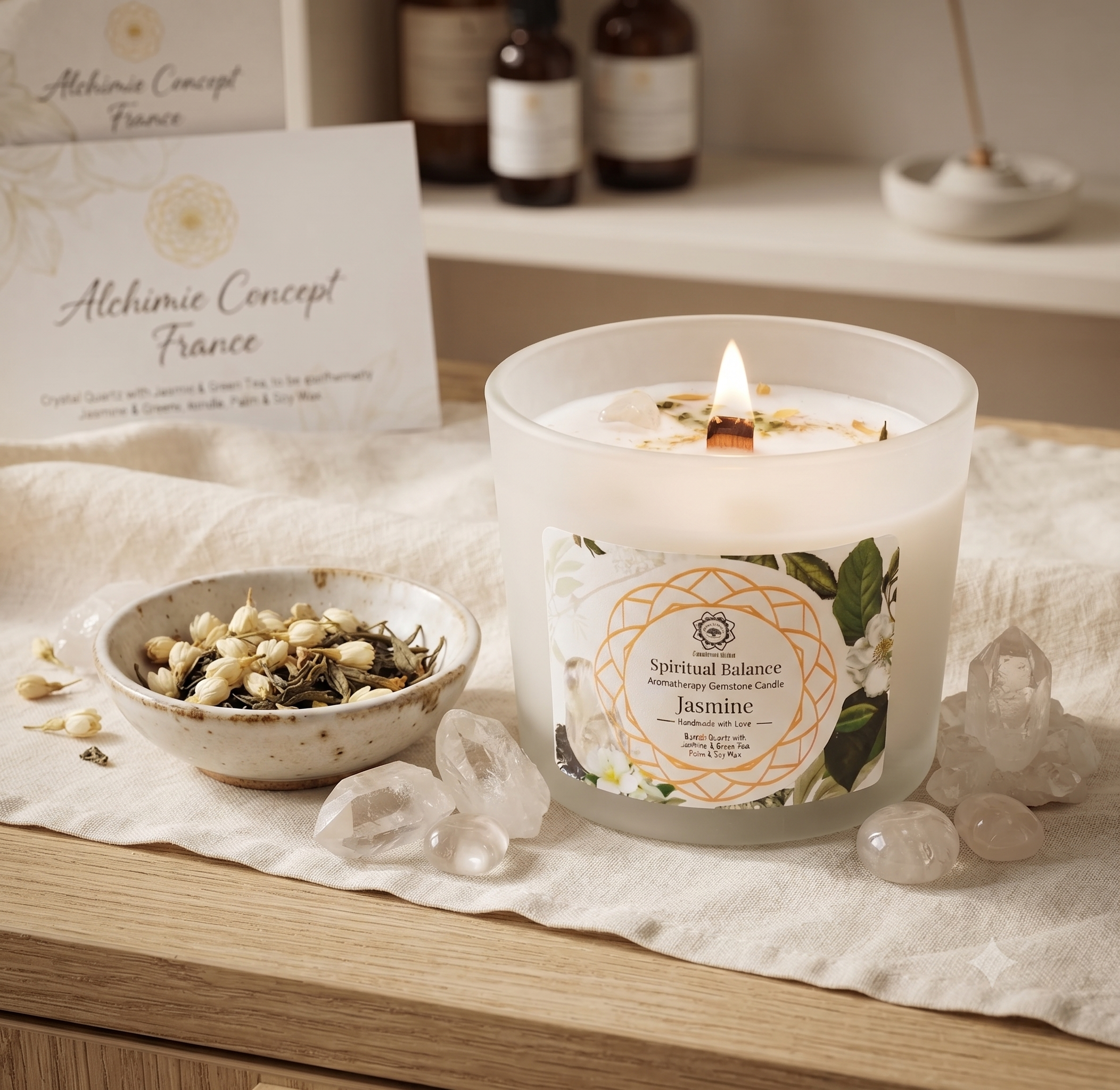 Bougie Green Tree Équilibre Spirituel | Cristal de Roche & Jasmin | Méditation & Bien-être 256g
