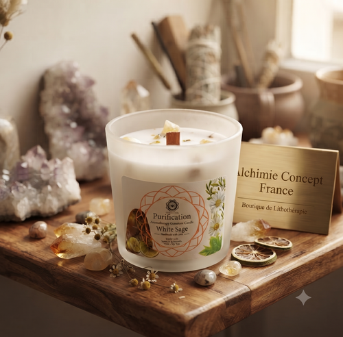 * Bougie Green Tree Purification | Sélénite & Sauge Blanche | Cleansing Énergétique & Protection 256g