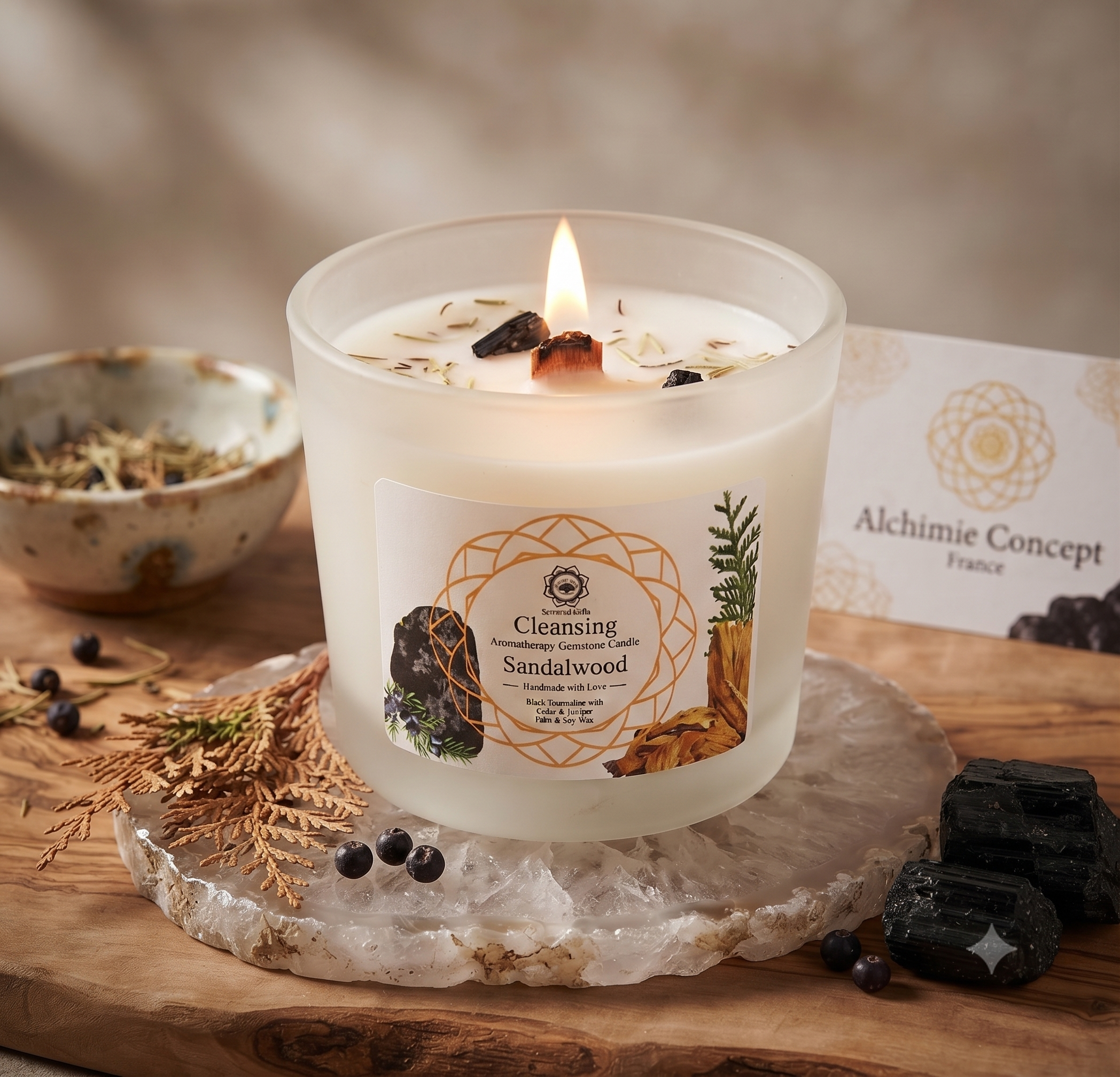 Bougie Green Tree Nettoyage | Tourmaline Noire & Santal | Protection & Purification Énergétique 256g