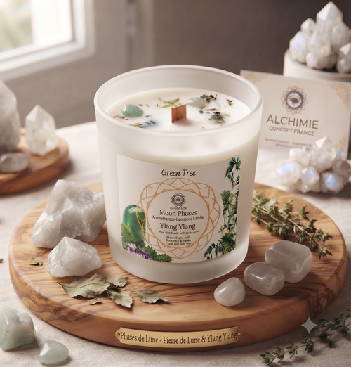 * Bougie Green Tree Phases de la Lune | Pierre de Lune & Ylang Ylang | Rituel Lunaire & Féminin Sacré 256g