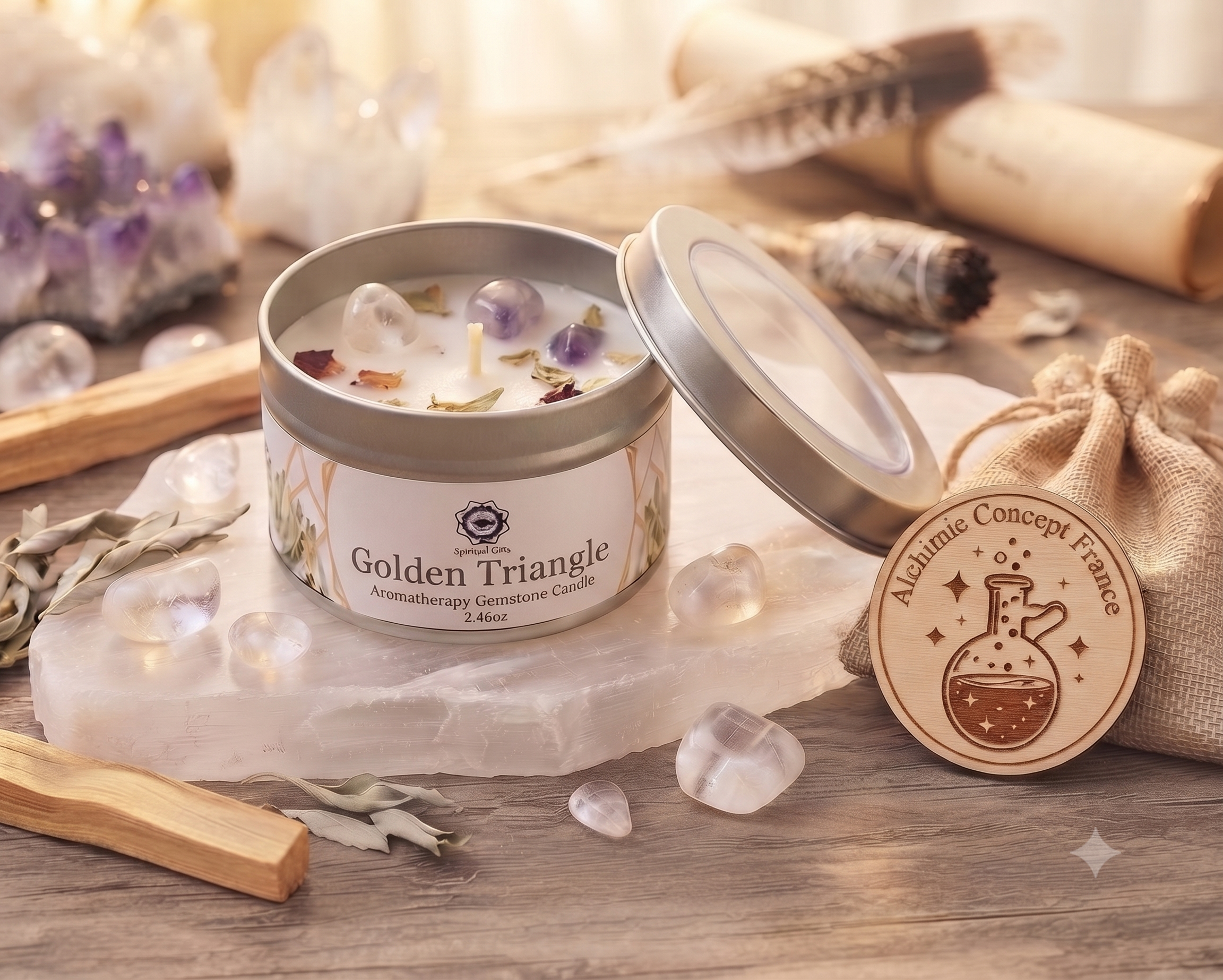 Bougie Green Tree Triangle d'Or | Lotus | Éveil Spirituel & Harmonie Corps-Âme-Esprit 70g