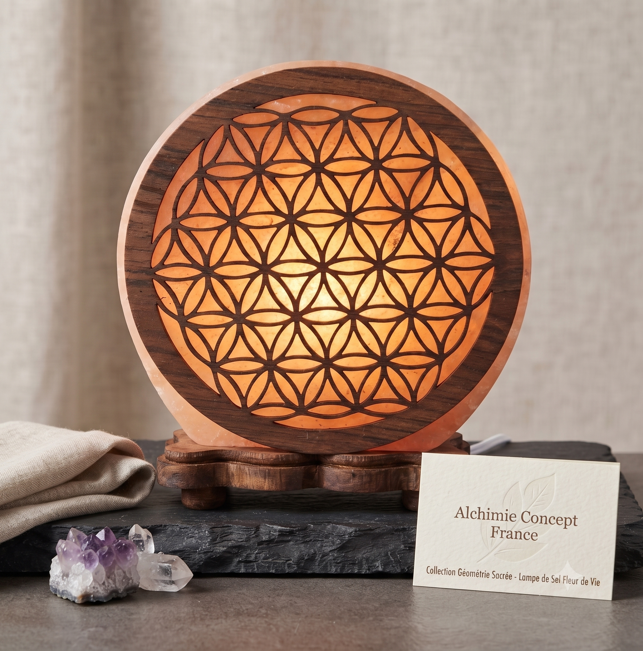 ✨ Lampe de Sel Fleur de Vie 5 kg – Géométrie Sacrée, Harmonie Universelle & Lumière Himalaya