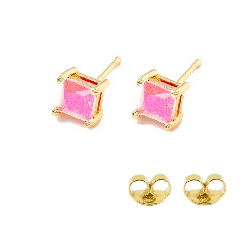 Puces d'Oreilles Carré Zircon CZ 5mm – Plaqué Or | 6 Coloris