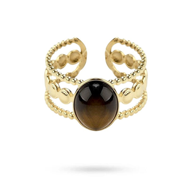 Bague Femme Acier Inoxydable 3 Rangs Pierre Naturelle Œil de Tigre
