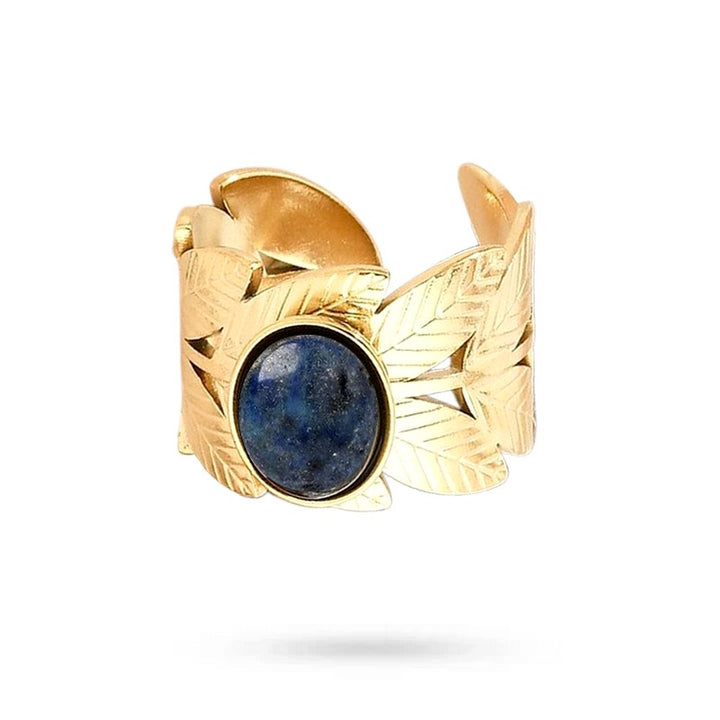 Bague Femme Acier Inoxydable Feuille Pierre Naturelle Lapis Lazuli