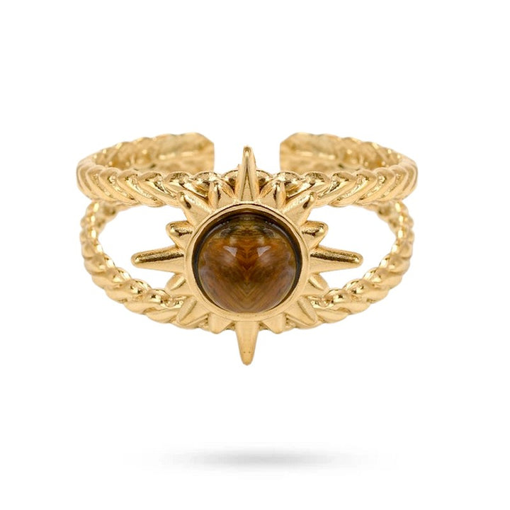 Bague Femme Acier Inoxydable Soleil Pierre Naturelle Œil de Tigre