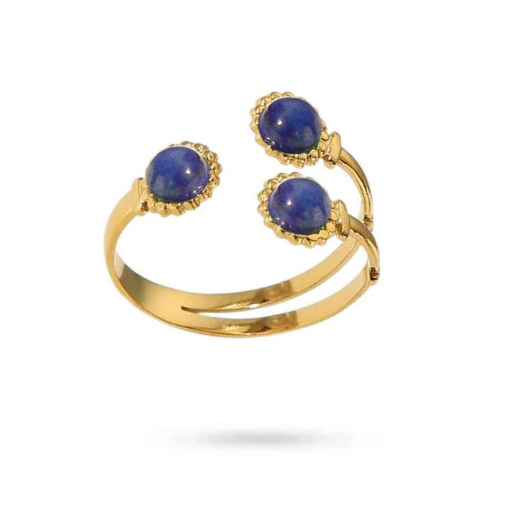 Bague Femme Acier Inoxydable Trois Pierres Naturelles Lapis Lazuli – Taille Réglable