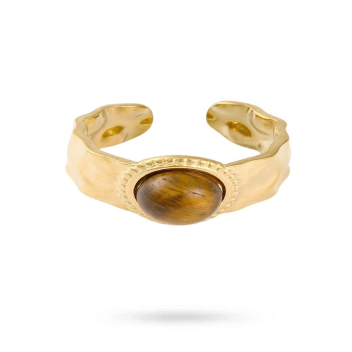 Bague Femme Acier Inoxydable Martelée Pierre Naturelle Œil de Tigre