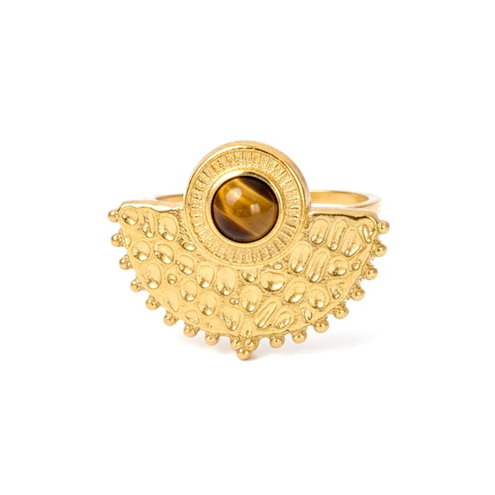 Bague Femme Acier Inoxydable Soleil Pierres Naturelles Œil de Tigre – Taille Réglable