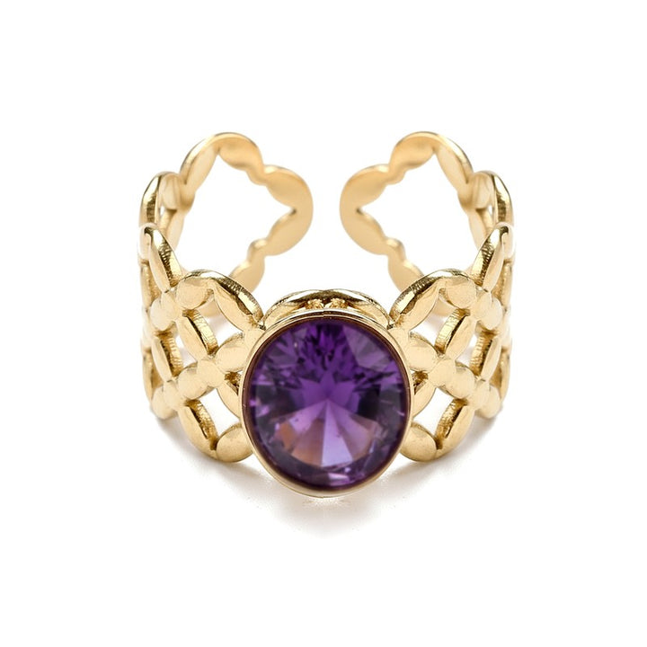 Bague Femme Acier Inoxydable Pierre Naturelle Améthyste – Taille Réglable