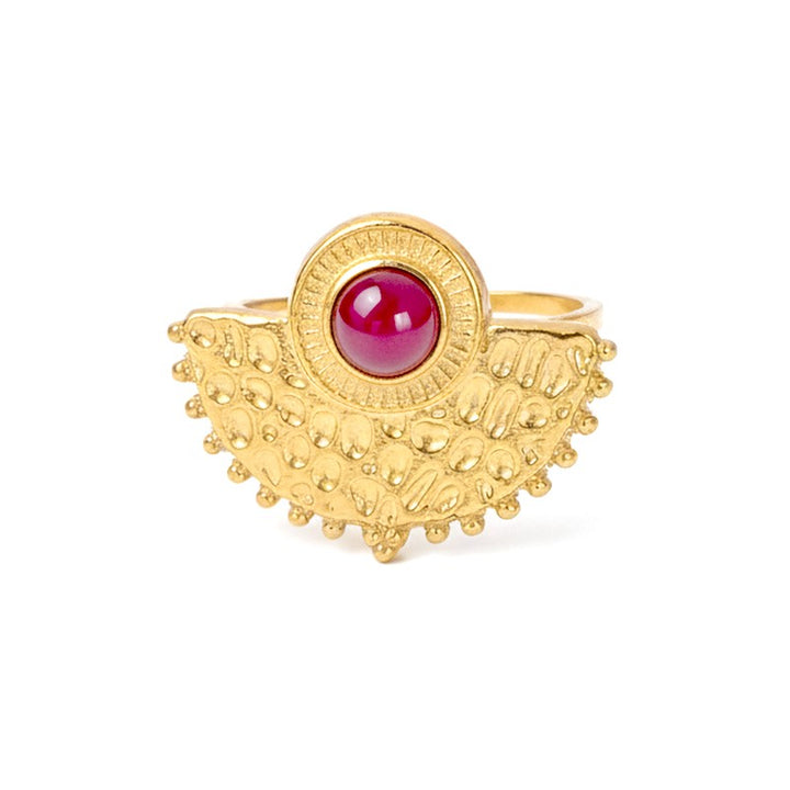 Bague Femme Acier Inoxydable Soleil Pierres Naturelles Agate Rouge – Taille Réglable