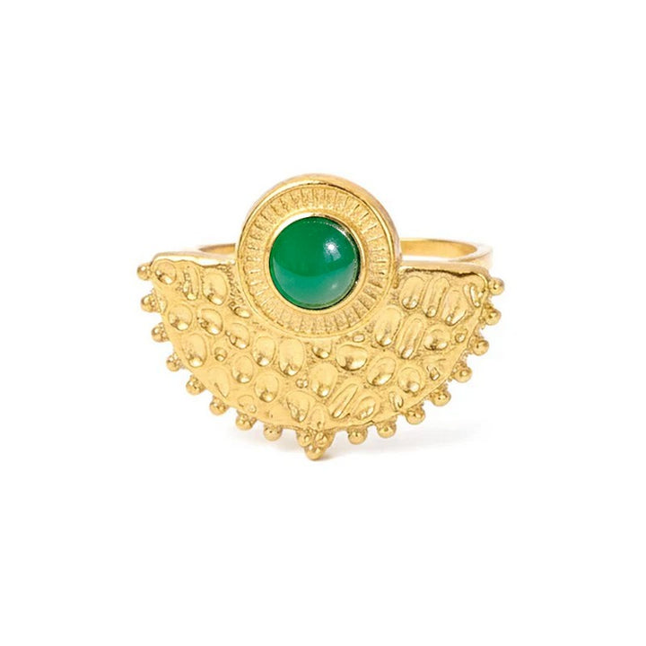 Bague Femme Acier Inoxydable Soleil Pierres Naturelles Agate Verte – Taille Réglable