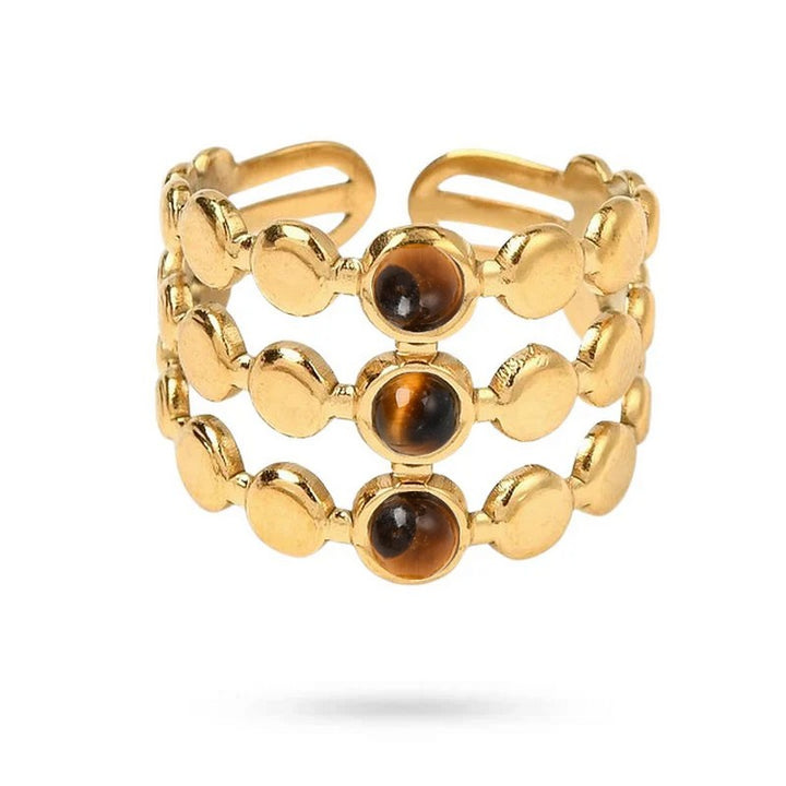 Bague Femme Acier Inoxydable Trois Pierres Naturelles Œil de Tigre – Taille Réglable