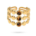 Bague Femme Acier Inoxydable Trois Pierres Naturelles Œil de Tigre – Taille Réglable