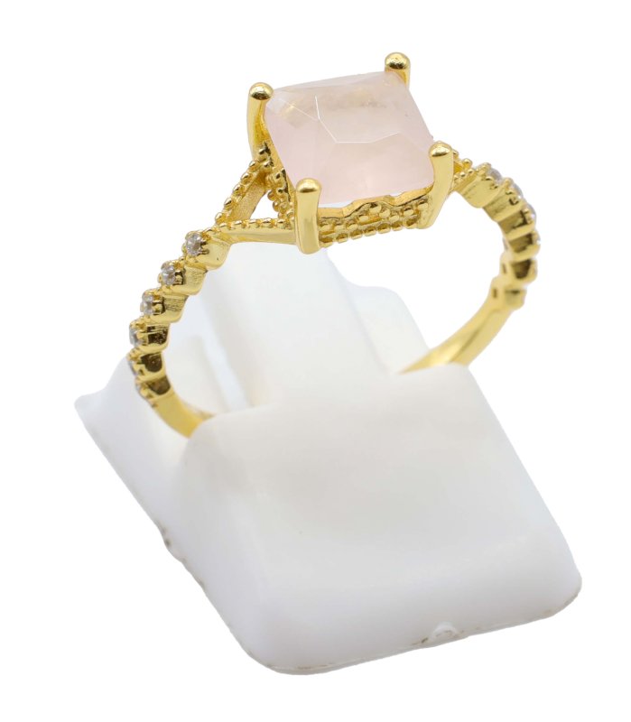 Bague Argent 925 Quartz Rose Carrée - Plaquée Or