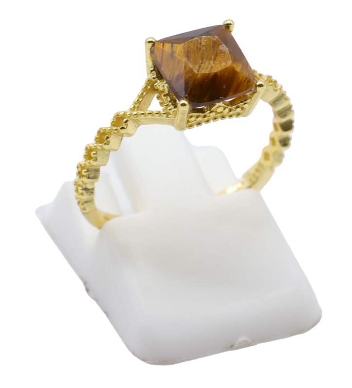 Bague Argent 925 Œil de Tigre Carrée - Plaquée Or