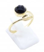 Bague Argent 925 'Feuille d'Or' - Onyx - Plaquée Or