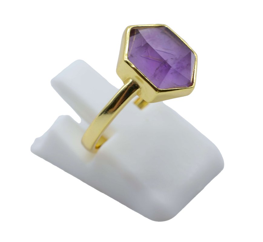 Bague Argent 925 Améthyste Hexagonale - Plaquée Or
