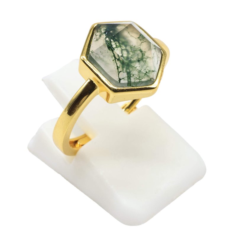 Bague Argent 925 Agate Mousse Hexagonale - Plaquée Or
