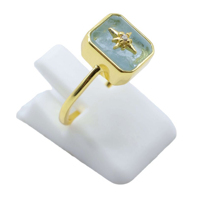 Bague Argent 925 Aigue Marine Rectangle + Charme - Plaquée Or