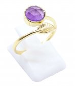 Bague Argent 925 'Feuille d'Or' - Améthyste - Plaquée Or