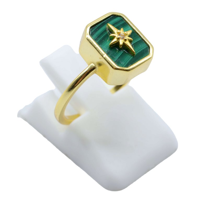 Bague Argent 925 Malachite Rectangle + Charme - Plaquée Or