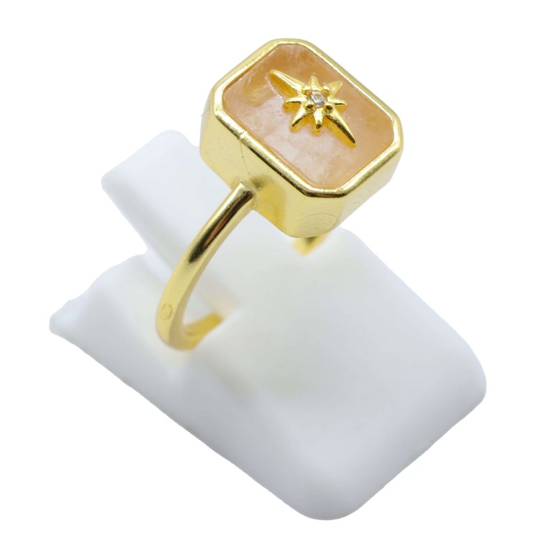 Bague Argent 925 Quartz Rose Rectangle + Charme - Plaquée Or
