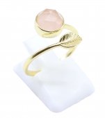 Bague Argent 925 'Feuille d'Or' - Quartz Rose - Plaquée Or