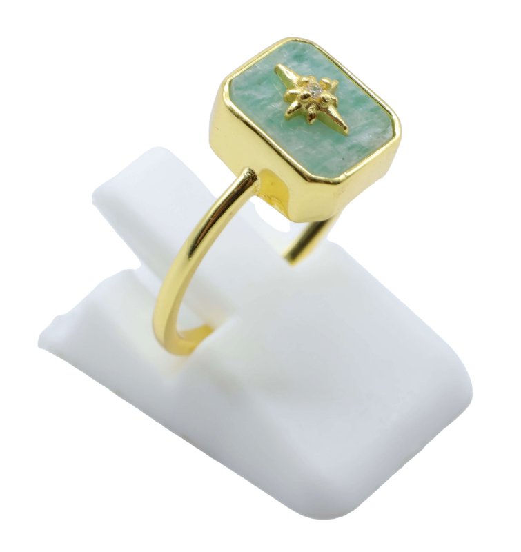 Bague Argent 925 Amazonite Rectangle + Charme - Plaquée Or