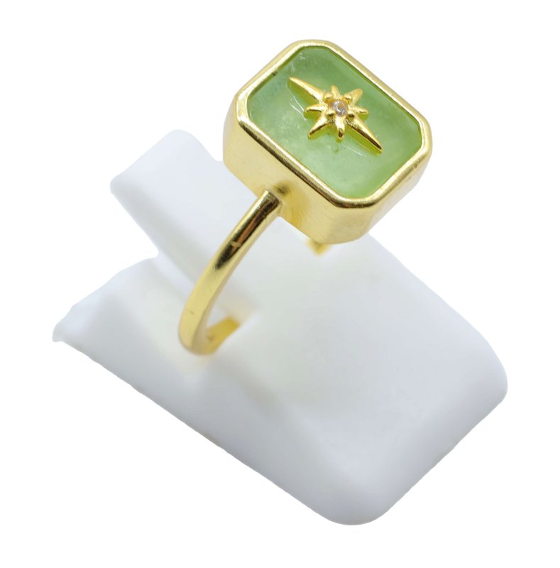 Bague Argent 925 Jade Verte Rectangle + Charme - Plaquée Or