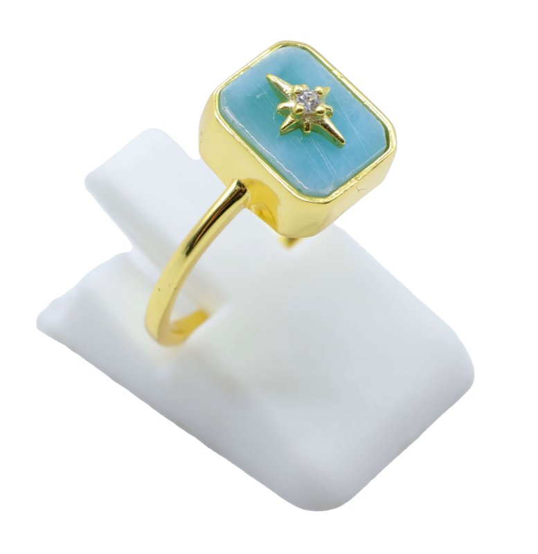 Bague Argent 925 Larimar Rectangle + Charme - Plaquée Or