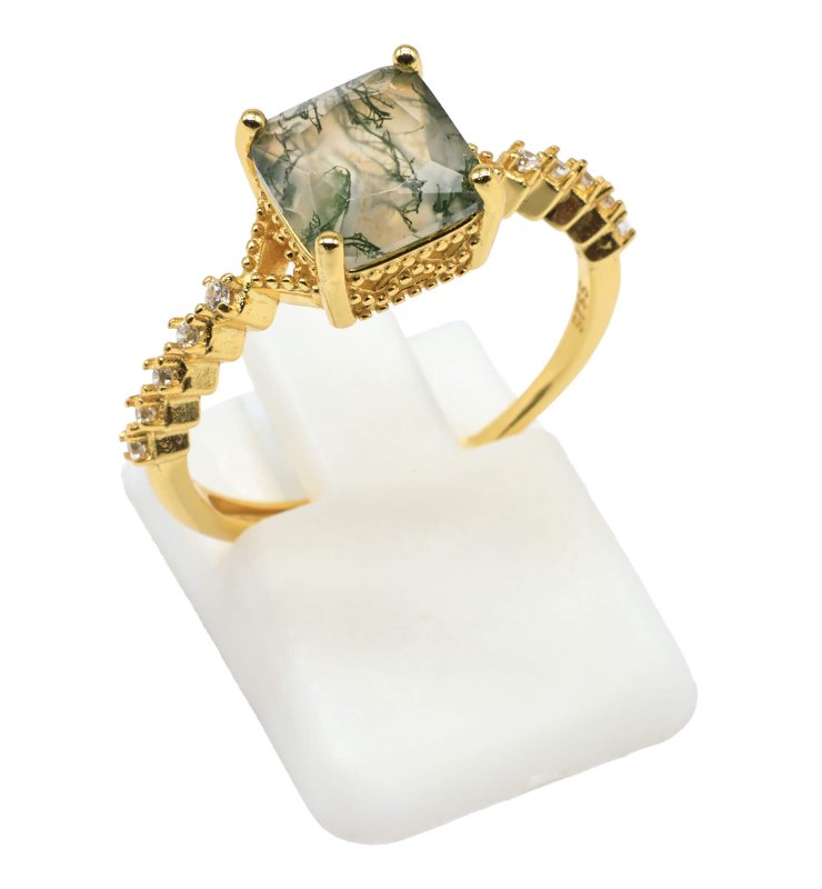 Bague Argent 925 Agate Mousse Carrée - Plaquée Or