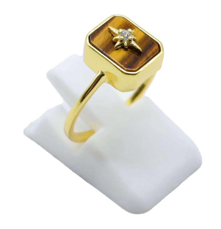 Bague Argent 925 Oeil de Tigre Rectangle + Charme - Plaquée Or