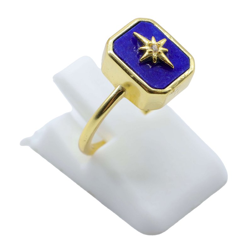 Bague Argent 925 Lapis Lazuli Rectangle + Charme - Plaquée Or